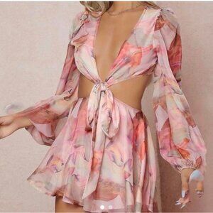 SHEIN Pink and Orange Cut Out Tie Front Mini Dress